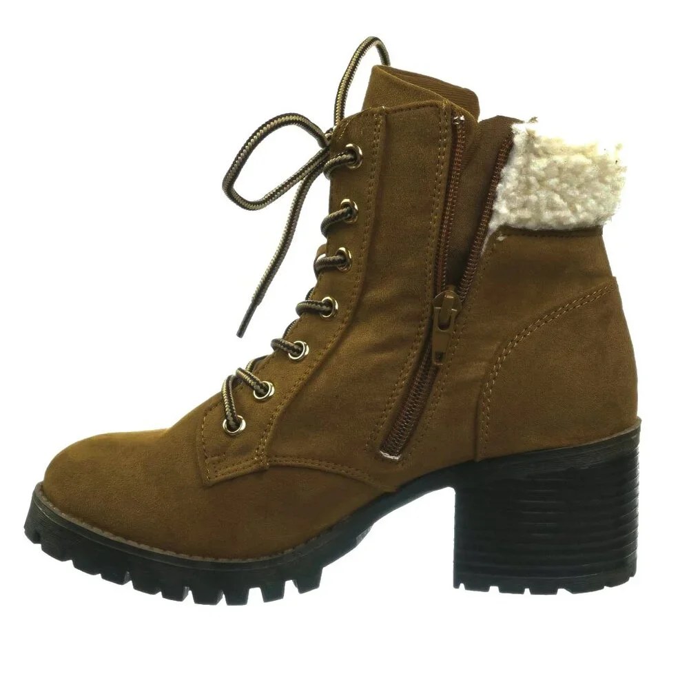 Bamboo Sherpa Cuffed Mucker Combat Ankle Boots | Faux Suede Lace-Up Booties - Picture 2 of 5